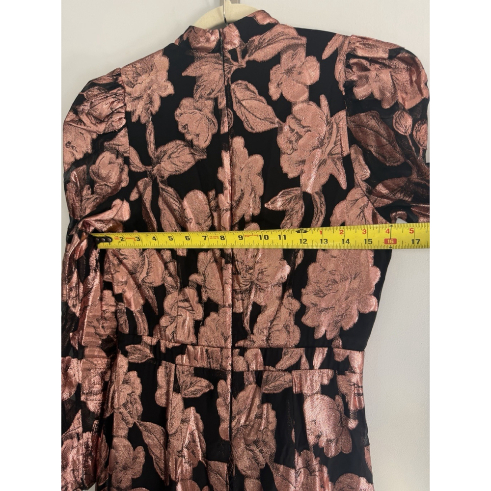 Yumi Kim Black Chiffon Rose Gold Metallic Floral Print Mock Neck Maxi Dress Med - Picture 5 of 9
